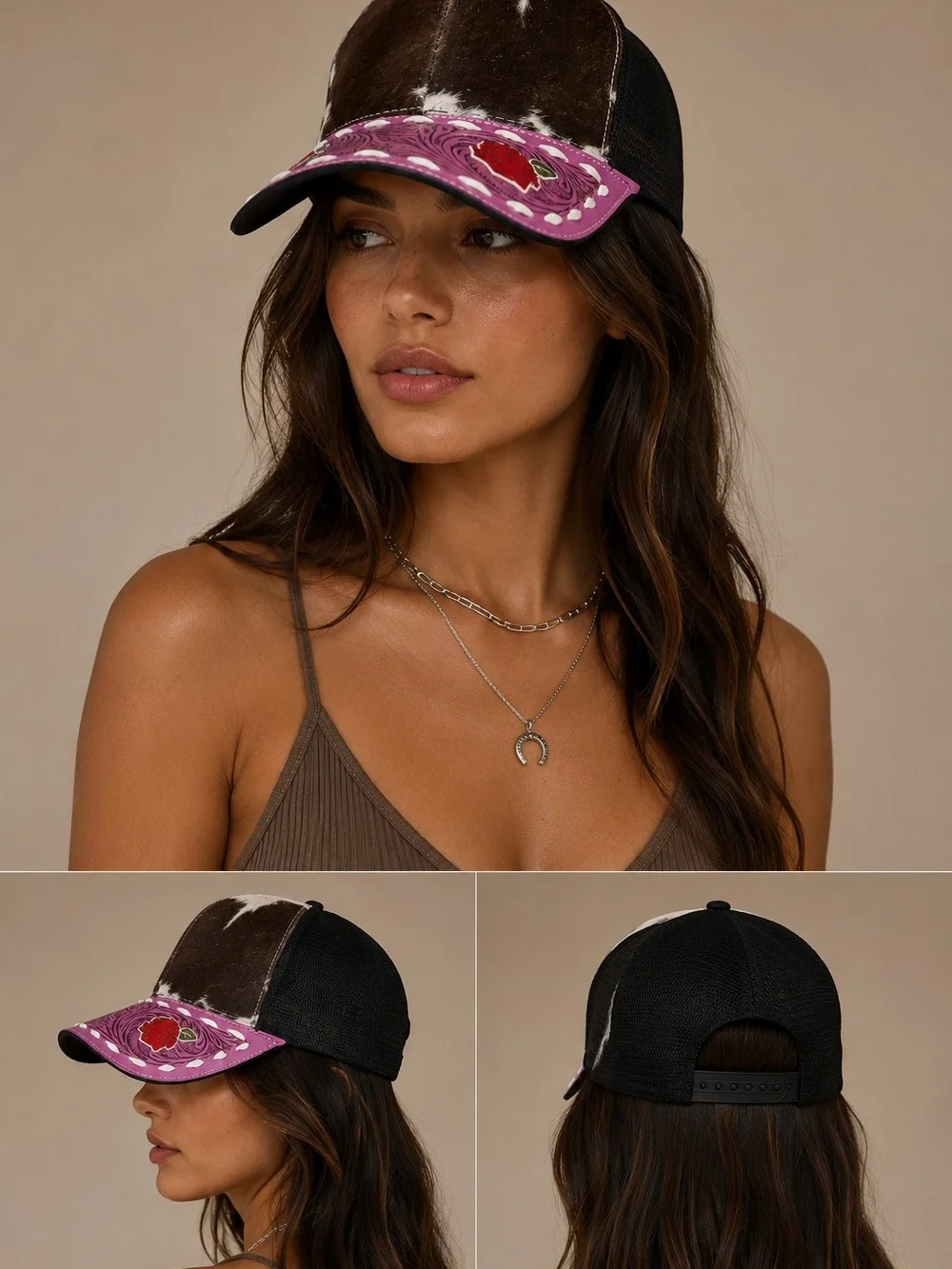 Pink Tooled Leather & Cowhide Trucker Hat - NWOT